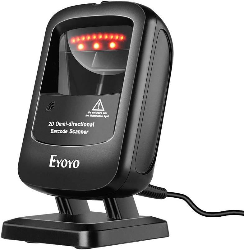 EYOYO ماسح الباركود المكتبي 1D 2D، ماسح باركود USB سلكي بدون استخدام اليدين، التقاط الباركود من شاشة الهاتف المحمول، استشعار الصورة التلقائي لمتجر السوبر ماركت ومكتبة البيع بالتجزئة - Image 1